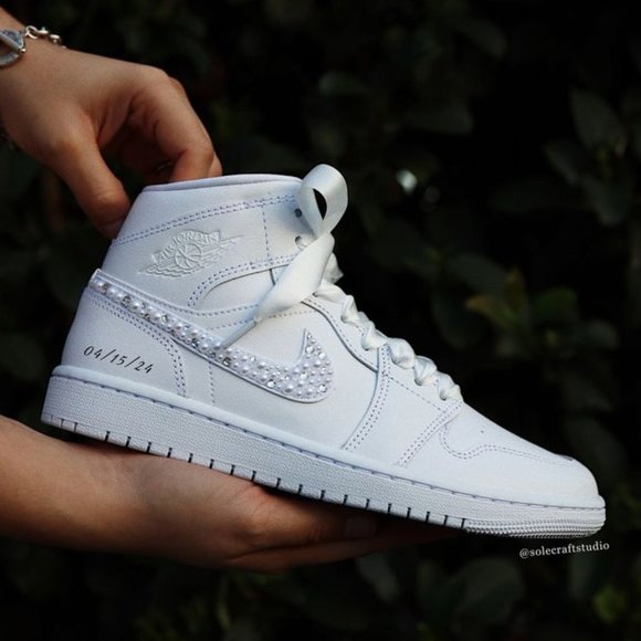 Wedding Sneakers for Bride Personalized Jordan 1 Mid with Rhinestones & Pearls - Picture 6 of 8